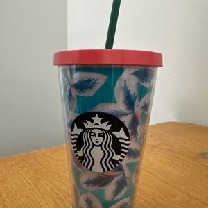 Starbucks Teal Floral Logo Tumbler with Coral Lid and Green Straw